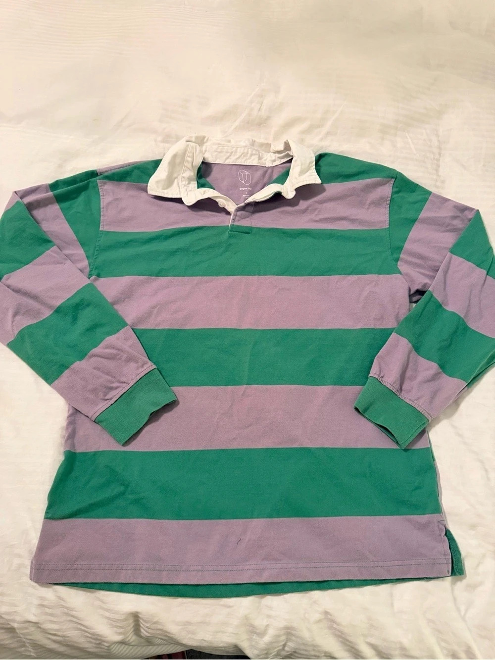 Original Use Long Sleeve Striped Rugby Polo Shirt Green & Purple Large